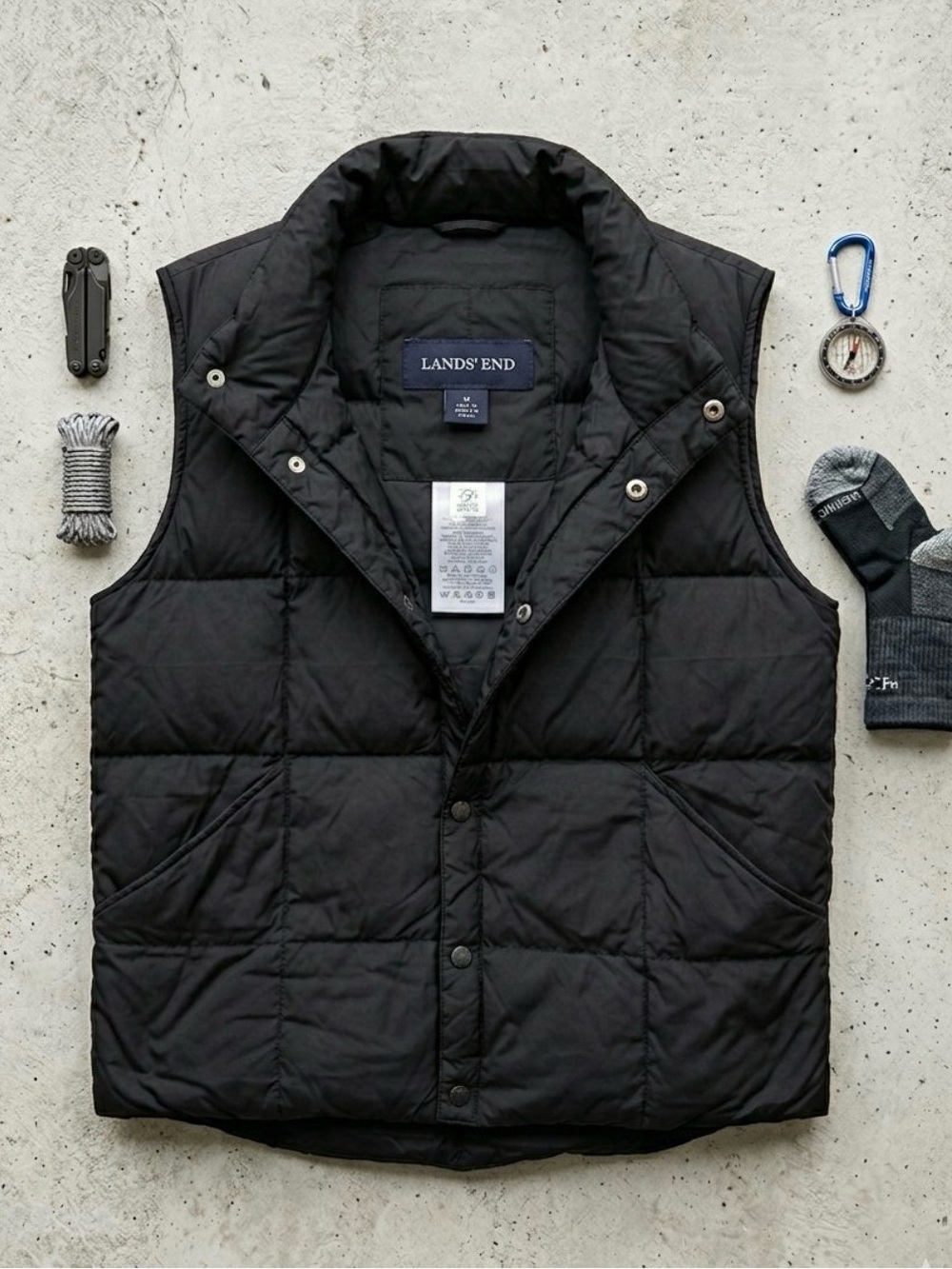 Lands' End Men's Black Goose Down Puffer Vest Snap Front 95694 Gorpcore M Winter